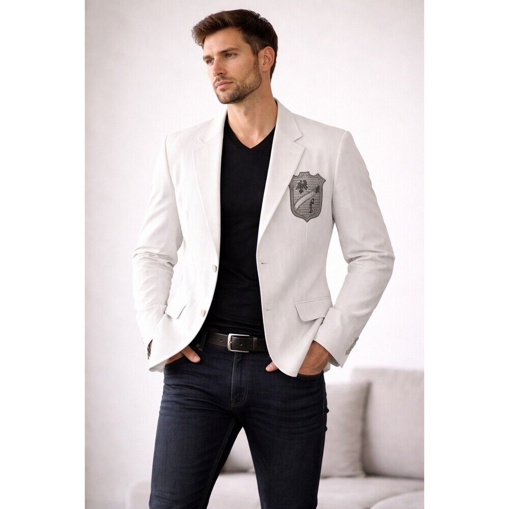 Franky Max White Cotton Blazer Jacket Embroidered Crest Front & Back Size M